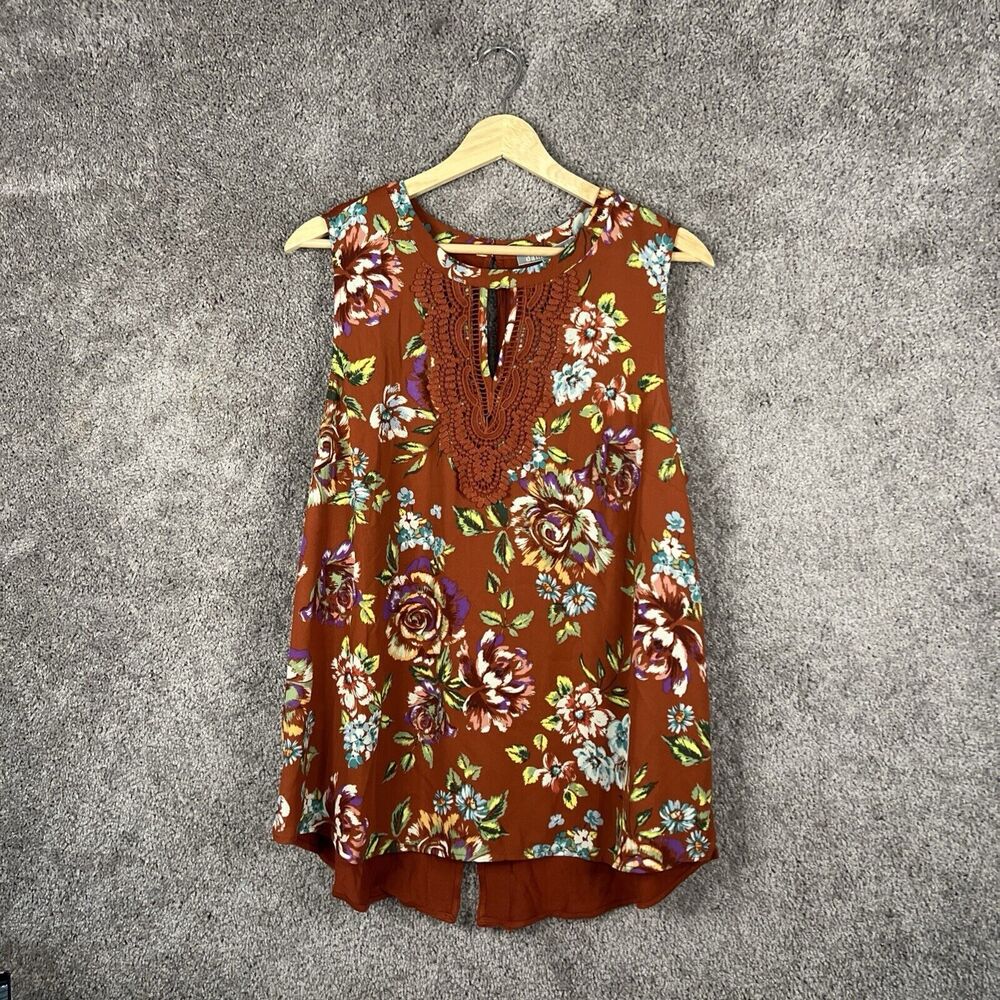 Daniel Rainn Shirt Womens Petite Large PL Sleeveless Brown Floral Keyhole Top